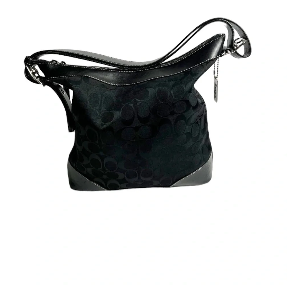 Coach Black Signature Canvas & Leather Hobo Shoulder Bag Purse - Picture 4 of 5